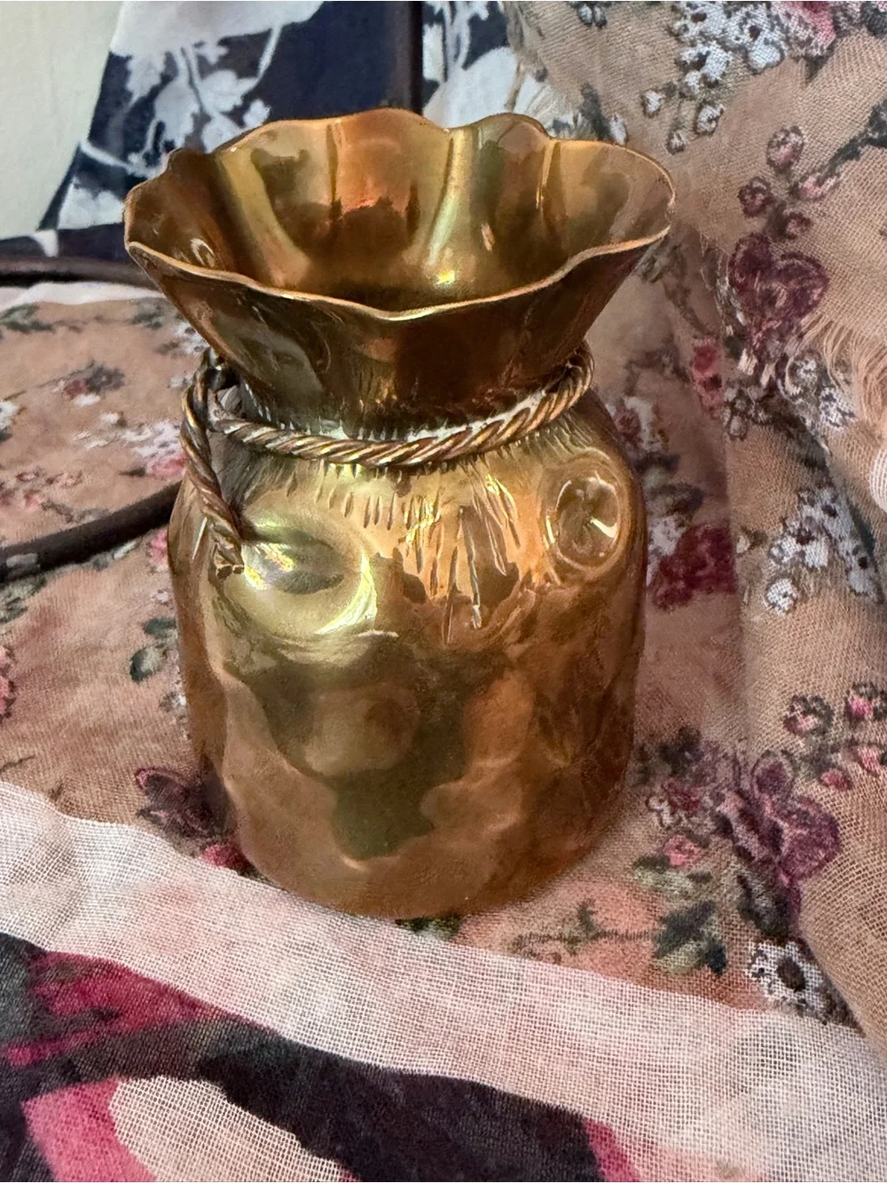 Vintage Money Bag Brass Vase Made in Spain Hammered Rope Trim Boho Decor